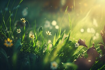 Poster - Spring green grass under the rays of the sun.The beauty of nature. Generative AI