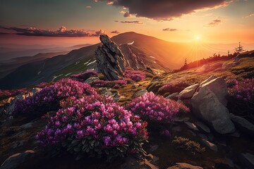 Poster - Mountain spring landscape with blooming flowers at the beginning of the mountain.The beauty of nature. Generative AI