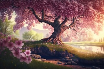 Poster - Spring landscape with a green field and flowering trees.The beauty of nature. Generative AI