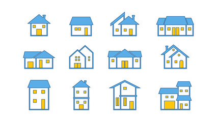 Modern Architecture Line Icons - Vector Illustration Set for Real Estate and Property Designs, House collection with blue and yellow colors