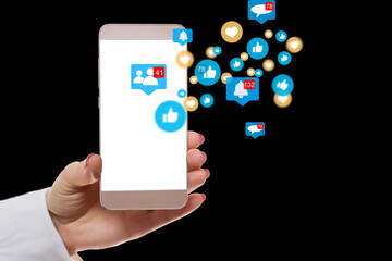 Aufkleber - Digital marketing media (website ad, email, social network, SEO, video, mobile app) in virtual globe shape diagram. Waves of blue light and businessman using on smartphone as concept