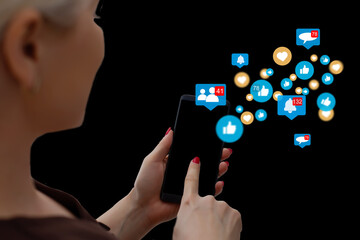 Aufkleber - woman use smartphone online to social network, touchscreen device connecting to global cyber net, digital link to data information, internet of things online, hacker privacy, ai crypto currency.