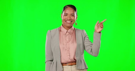 Canvas Print - Business woman on green screen, pointing and product placement with mockup and smile in portrait. Dancing, excited and advertising with brand logo or promotion with deal announcement and marketing