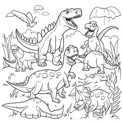 Wall Mural - Dinosaurs,Black and white coloring pages for kids, simple lines, cartoon style, happy, cute, funny, many things in the world.