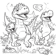 Poster - Dinosaurs,Black and white coloring pages for kids, simple lines, cartoon style, happy, cute, funny, many things in the world.