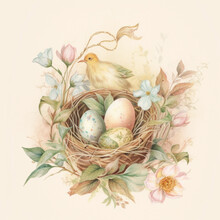 Vintage Retro Easter Card With Watercolor Pastel Colors, Easter Eggs In Basket With Bunny And Birds
