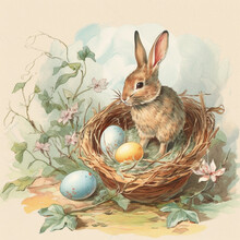 Vintage Retro Easter Card With Watercolor Pastel Colors, Easter Eggs In Basket With Bunny And Birds