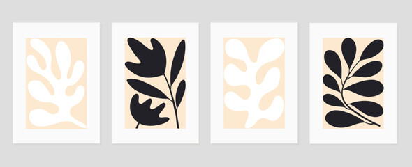 set of abstract cover background inspired by matisse. plants, leaf branch, coral, monochrome, black 
