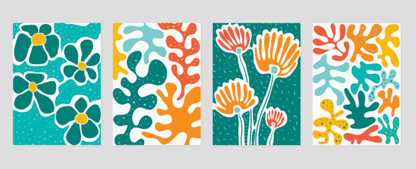 Wall Mural - Set of abstract cover background inspired by matisse. Plants, flower, branch, coral colorful in hand drawn style. Contemporary aesthetic illustrated design for wall art, decoration, wallpaper, print.