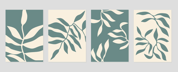 Wall Mural - Set of abstract cover background inspired by matisse. Plants, leaf, branch green pattern in hand drawn style. Contemporary aesthetic illustrated design for wall art, decoration, wallpaper, print.