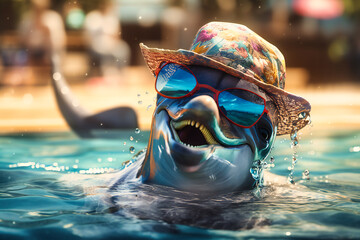 A playful dolphin wearing a beach hat and sunglasses, jumping out of the water and splashing with a big grin on its face