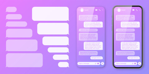 Realistic smartphone with messaging app on colorful violet background. Blank SMS text frame. Chat screen with transparent message bubbles. Social media application. Vector illustration