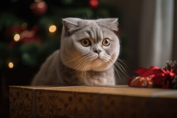 Canvas Print - Happy New Year, holidays, and celebrations of Christmas. Scottish Fold cat breed portrait. Generative AI