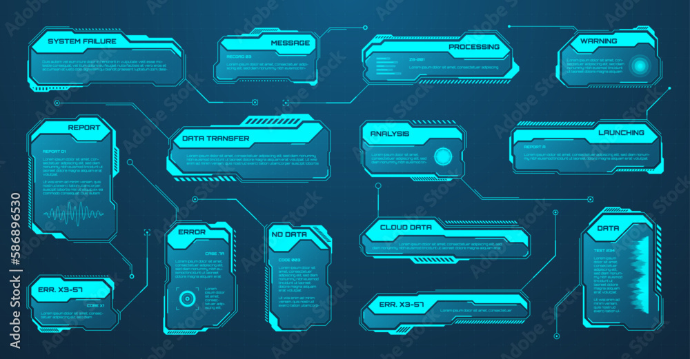 Blue futuristic HUD or UI elements. Sci-fi user interface text boxes ...