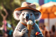 A silly-looking koala wearing a sun hat and sunglasses, holding an ice cream cone with both paws and sticking out its tongue in delight