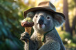 A silly looking koala wearing a straw hat and sunglasses, holding an ice cream cone with both paws and sticking out its tongue in delight