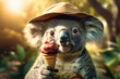 A silly looking koala wearing a straw hat and sunglasses, holding an ice cream cone with both paws and sticking out its tongue in delight