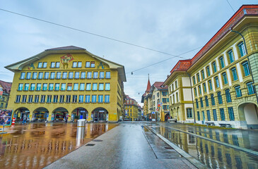 Sticker - Casinoplatz square with surrounding buildings with large murals in Bern, Switzerland