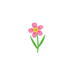 Wall Mural - hand drawn illustration aof a pink flower with smiling face stem and leaves on a transparent background