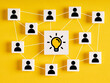 Teamwork and collaboration in creative idea development. Brainstorming for finding ideas. Cubes with network of people and idea light bulb icons on yellow background.
