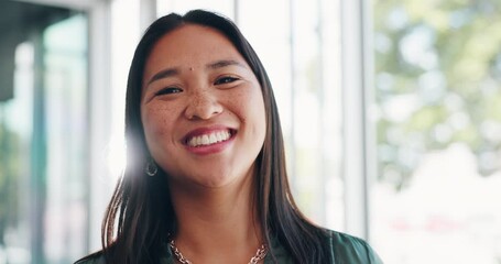 Poster - Happy, face and Asian woman with business mindset, thinking and confident. Young female, girl or entrepreneur with smile, joy and focus for startup company, sunshine or laughing for success or relax