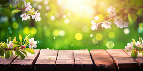 Spring background with empty wooden table. Natural template for product display with cherry blossoms bokeh and sunlight. generative ai. Empty wooden table in spring blooming orchard during sunny day