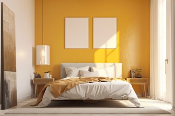 Poster - Interior front view of a bedroom with a yellow double bed occupying the room's center and a white floor. A lamp equipped glass bedside table. rectangle shaped poster simulated toned image. Generative