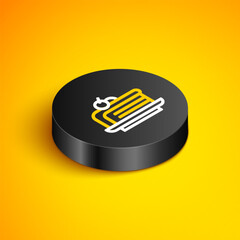 Poster - Isometric line Piece of cake icon isolated on yellow background. Happy Birthday. Black circle button. Vector