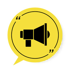 Sticker - Black Megaphone icon isolated on white background. Speaker sign. Yellow speech bubble symbol. Vector