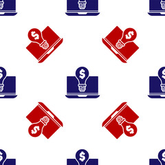 Poster - Blue and red Business light bulb with dollar on laptop screen icon isolated seamless pattern on white background. User touch screen. Vector