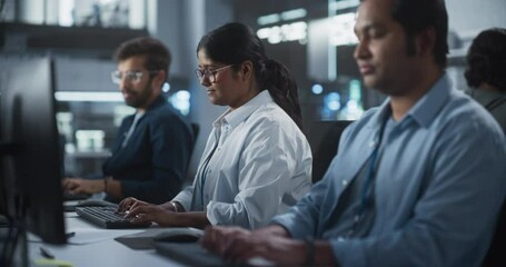 Poster - Portrait of a Team of Talented Young Indian Professionals Working in a Technological Research and Development Agency. Computer Screens with Software Code and Technical Neural Network Diagrams