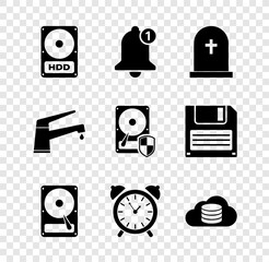 Poster - set hard disk drive hdd, bell, tombstone with cross, , alarm clock and cloud database icon. vector