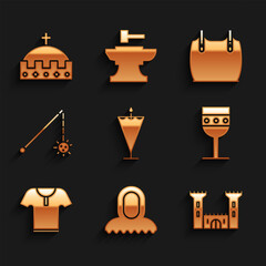 Poster - Set Medieval flag, hood, Castle, goblet, Body armor, chained mace ball, and King crown icon. Vector