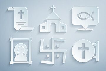 Sticker - Set Hindu swastika, Christian fish, icon, cross, Church building and Decree, paper, parchment, scroll icon. Vector