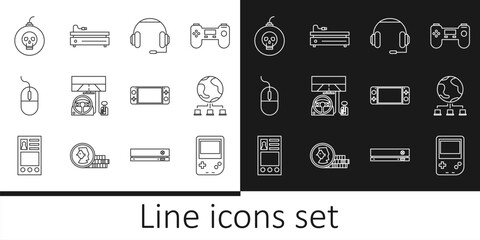 Poster - set line portable video game console, computer network, headphones, racing simulator cockpit, mouse,
