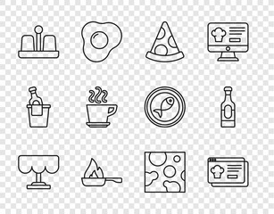 Poster - Set line Wooden table, Online ordering and delivery, Slice of pizza, Frying pan, Salt pepper, Coffee cup, Cheese and Wine bottle icon. Vector