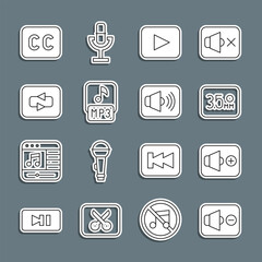 Wall Mural - Set line Speaker mute, volume, Audio jack, Play button, MP3 file, Repeat, Subtitles and icon. Vector