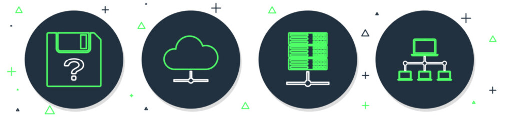 Wall Mural - Set line Network cloud connection, Server, Data, Web Hosting, Unknown document and Computer network icon. Vector