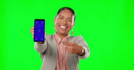 Wall Mural - Portrait, green screen and a business woman pointing to a phone with tracking markers for marketing. Social media, ecommerce and chromakey with an female employee showing a mobile screen or display