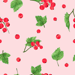 Wall Mural - Seamless red currant pattern. Vector background with watercolor red ripe berries