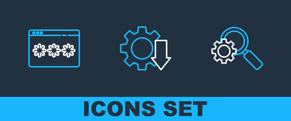 Poster - Set line Magnifying glass and gear, Password protection and Cost reduction icon. Vector