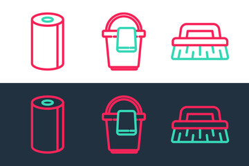 Sticker - Set line Brush for cleaning, Paper towel roll and Bucket with rag icon. Vector