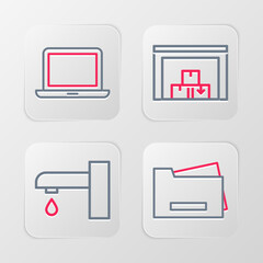 Poster - set line printer, water tap, warehouse and laptop icon. vector