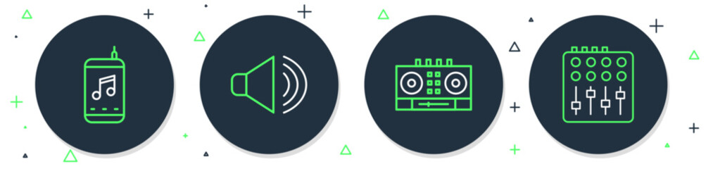 Wall Mural - Set line Speaker volume, DJ remote and mixing music, Music player and Sound mixer controller icon. Vector