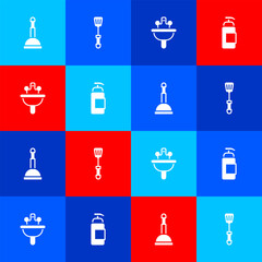 Sticker - Set Rubber plunger, Spatula, Washbasin and Antibacterial soap icon. Vector