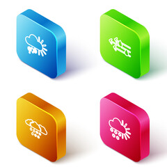 Sticker - Set Isometric line Cloudy with snow, Wind and rain, and icon. Vector