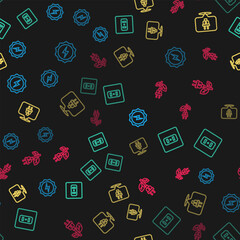 Poster - set line lightning bolt, electrical outlet, plug and saving leaf on seamless pattern. vector