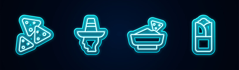 Sticker - Set line Nachos, Mexican man sombrero, in bowl and Burrito. Glowing neon icon. Vector