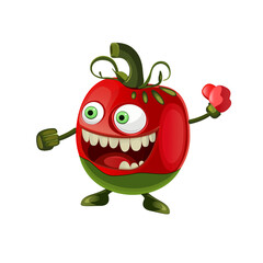 Poster - Happy funny vector figher tomato cartoon character with gloves in hand, illustration