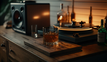 record player is standing on the table with a record on it. next to me is my whiskey glass, with ice